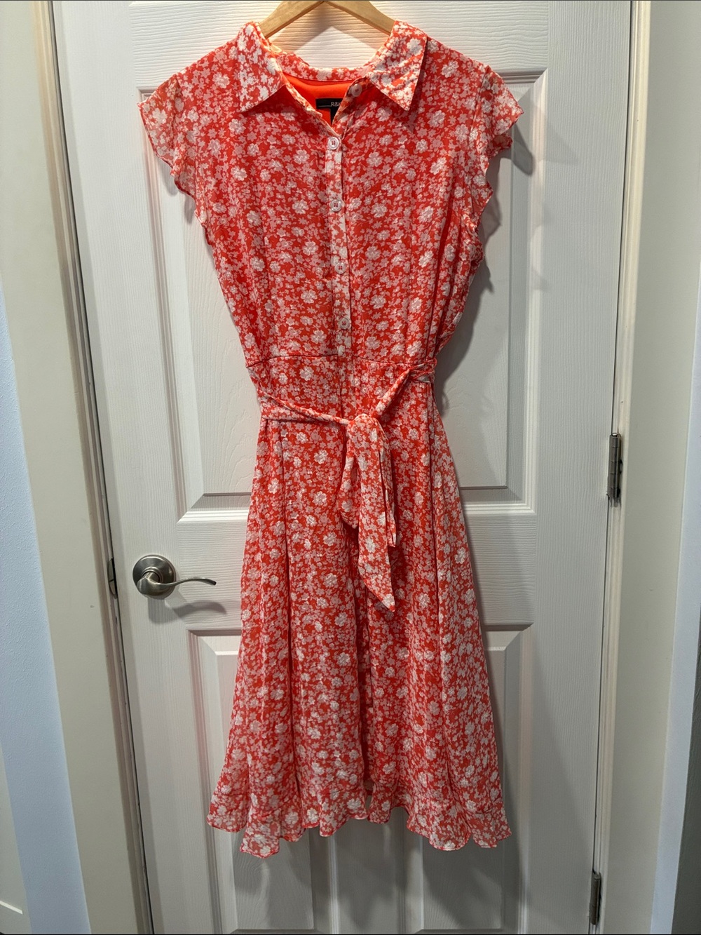 R&K Coral-Red Floral Midi Shirt Dress with Tie Waist